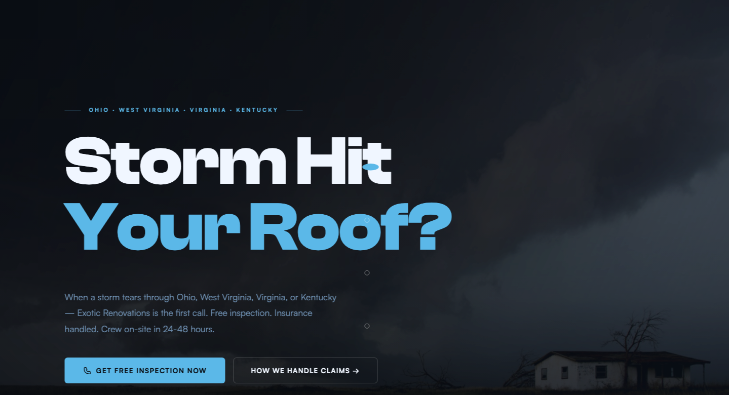 Exotic Renovations contractor website homepage screenshot with storm damage inspection call to action