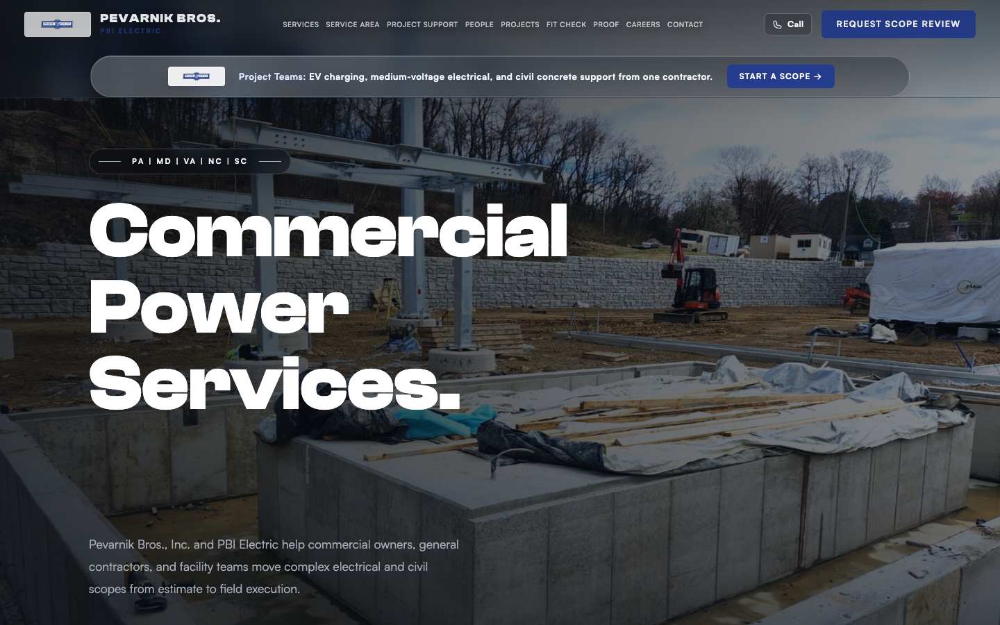 Pevarnik Bros. commercial electrical website desktop screenshot