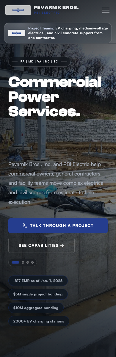 Pevarnik Bros. commercial electrical website mobile screenshot